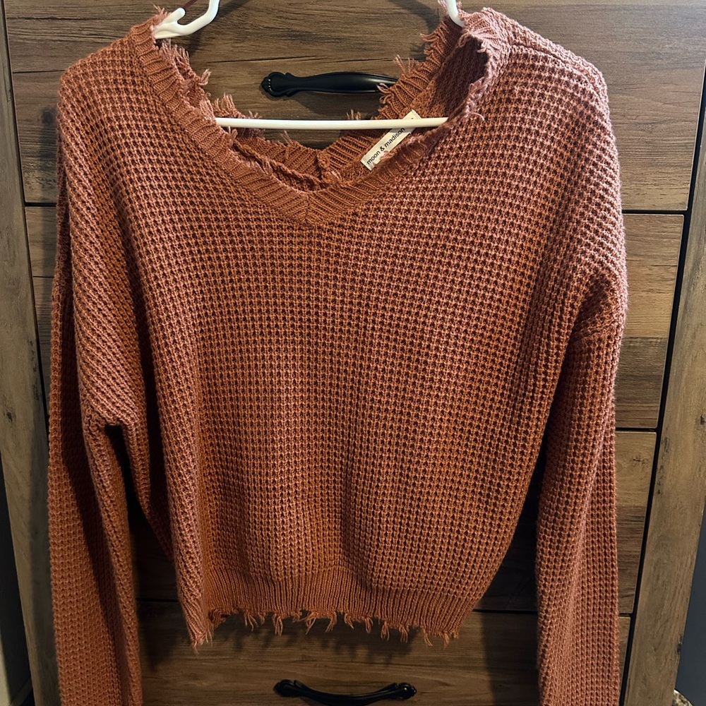 Distressed V-Neck Sweater - Rust